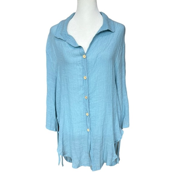 Blue Button Down Tunic Shirt Women's Size Large - Picture 1 of 7